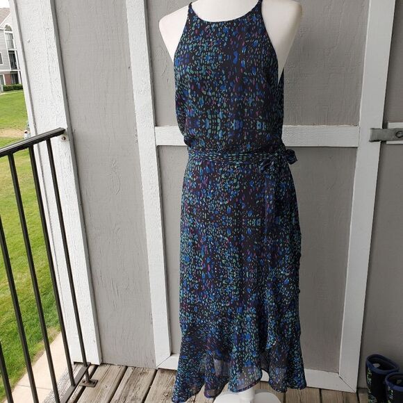 Q&A Blue Purple Ruffle Midi Dress S - Picture 1 of 15